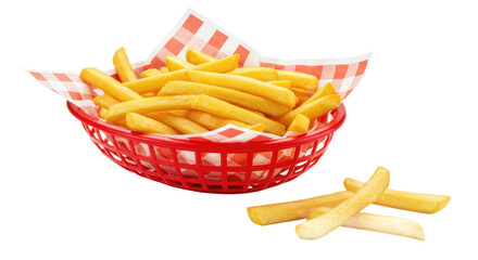 A basket of golden french fries with red and white checkered liner and fries scattered nearby on a surface