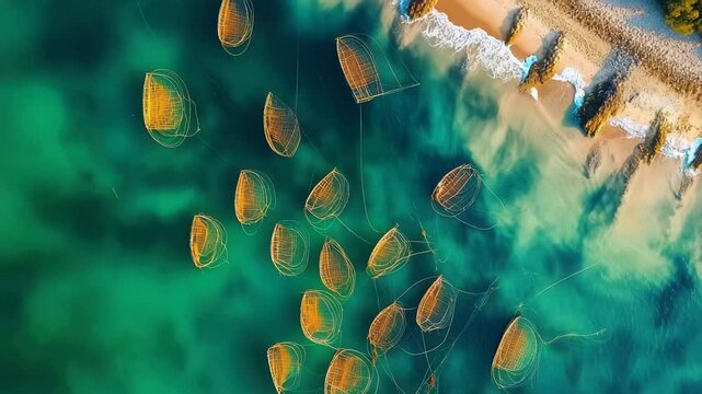 Fishing nets create a striking pattern along the coast of Xiapu C during low tide, Aerial shot of fishing nets on the coast of Xiapu County in China