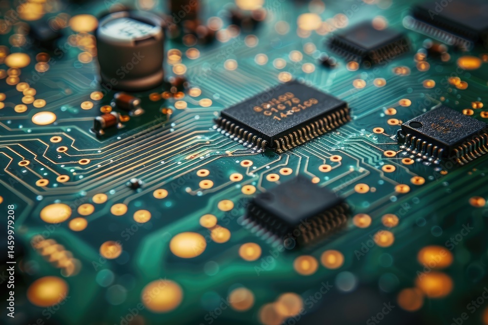 Poster close-up view of intricate electronic circuit board components.