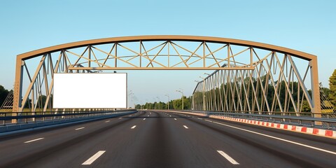 Obraz premium A highway with a metal bridge structure overhead and a blank billboard on the left side