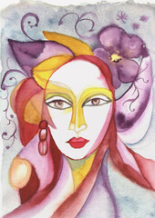 Portrait of a Woman Wrapped in a Symphony of Color, hand-made watercolor