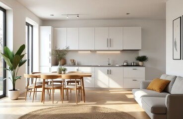 Modern light studio apartment with white walls. Wooden table, chairs in dining zone near kitchen. Open plan living room, minimalist interior design, furnished with sofa, plants. Contemporary