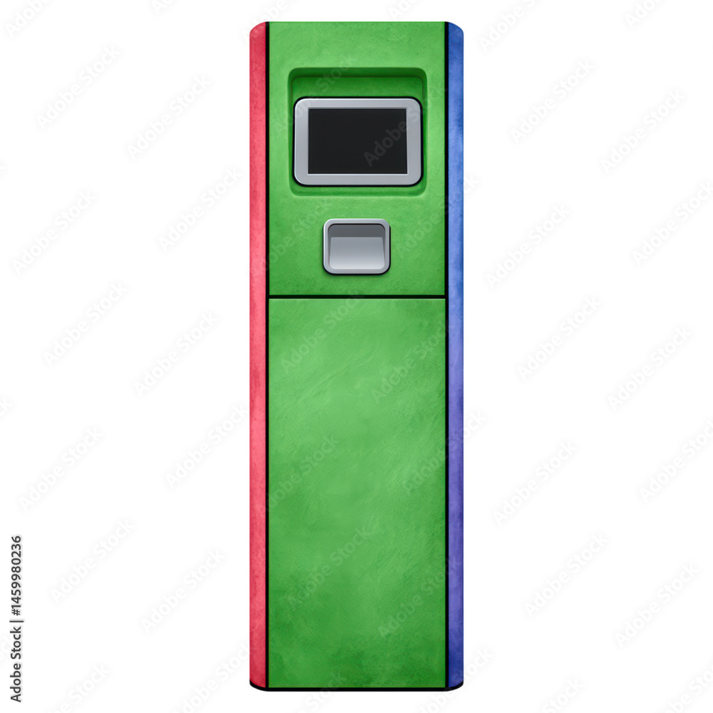 Poster green and blue vintage style vending machine with digital display and unique design elements, isolat