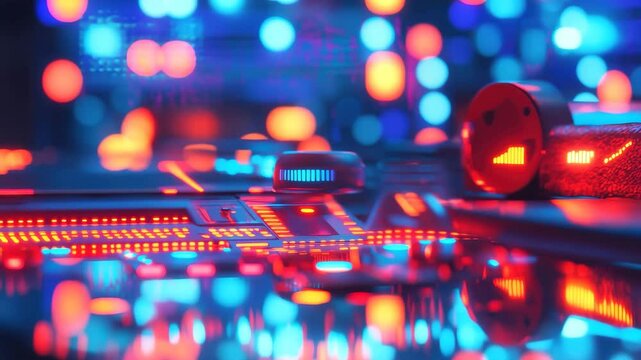 Neon digital interface illuminating with vibrant lights in a gaming environment, neon video game digital interface flickering over bokeh lights