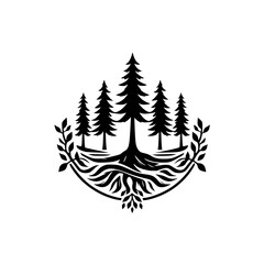Obraz premium Black and White Forest Crest with Roots, Leaves, and Trees