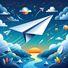Obraz premium Paper airplane flying over a surreal colorful landscape at sunset, concept of freedom and travel