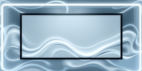 Rectangular frame with a light blue background and abstract wavy designs and neon border