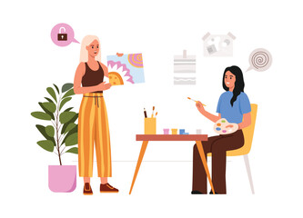 Vector illustration of girls in art studio painting. Cartoon scene, a blonde girl shows abstract painting, a brunette girl sits at a table, holds a palette, brush, isolated on white background.