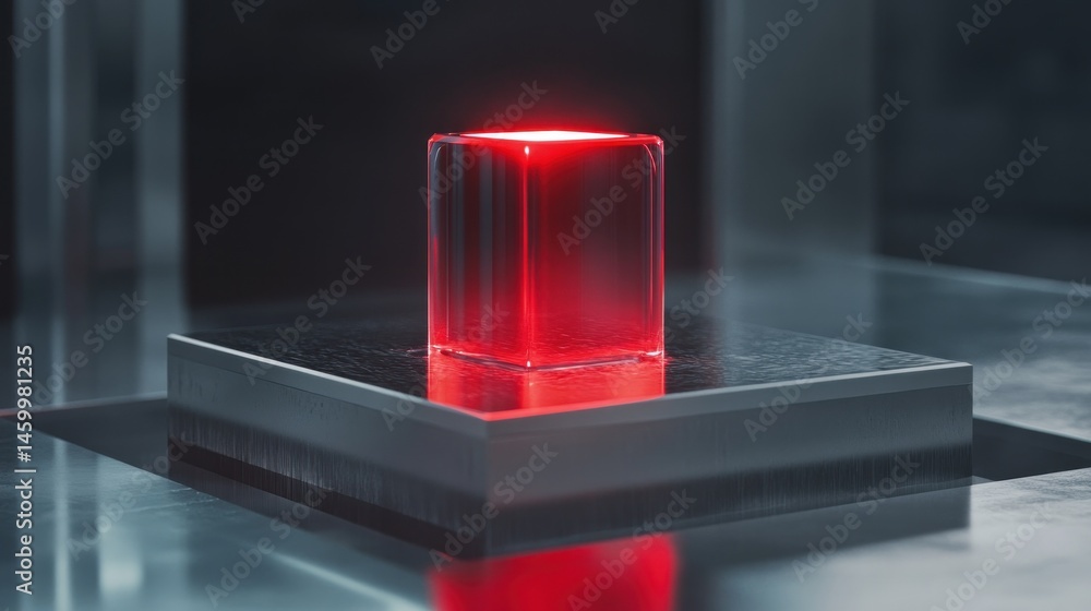 Poster red glowing cube on dark platform abstract technology background