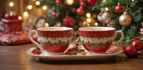Fototapeta premium A warm, inviting scene of a Christmas teacup and saucer with festive treats , celebration, fireplace