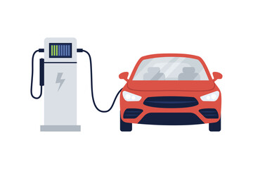 Vector illustration of front view of electric car charging.Cartoon scene of modern red electric car charging from battery isolated on white background.Careful attitude to ecology.Eco-friendly vehicle.