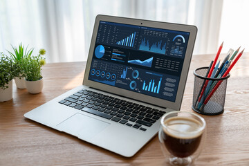 Fototapeta premium Business data dashboard provide business intelligence analytic for marketing strategy planning snugly with big data set to analyze customer demands and foreseeing business future