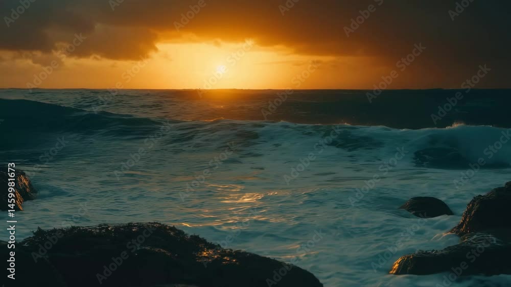 Poster mesmerizing ocean sunset with waves crashing against rocks and the sun setting on the horizon, beaut