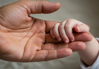 A close up of a baby hand holding onto an adult finger with soft lighting