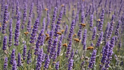 Obraz premium Busy bees swarming vibrant purple lavender, beeswax accents , eco, rural