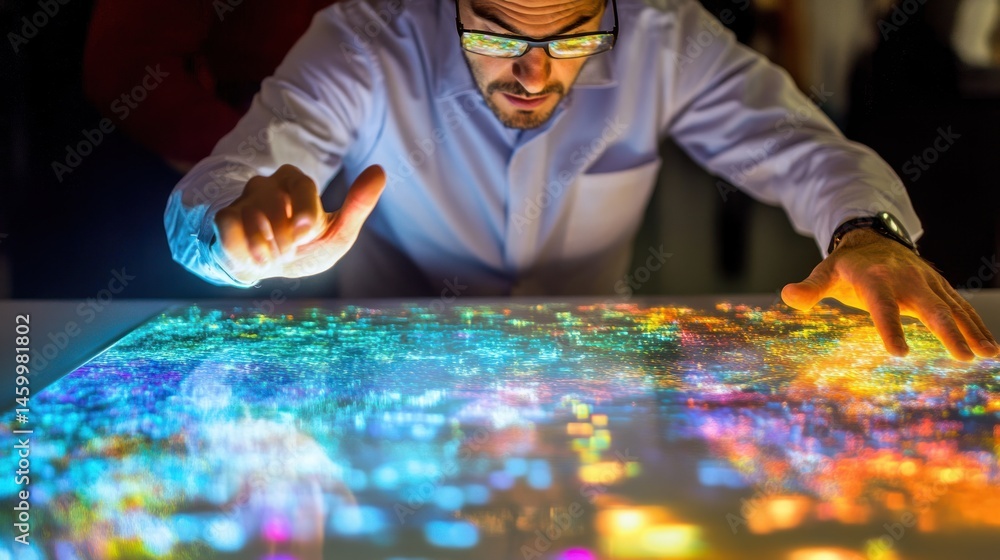 Poster Man interacting with colorful data visualization on large interactive screen