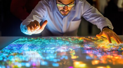 Man interacting with colorful data visualization on large interactive screen
