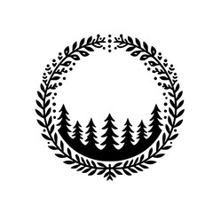 Obraz premium Black and White Forest Wreath Illustration, Rustic Style