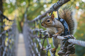 Squirrel on suspension bridge with harness