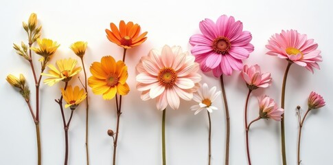 Obraz premium Delicate dried flowers, various colors, arranged on pristine white backdrop , floral, pretty, flower crown