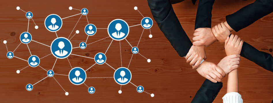 This image showcases a modern networking concept focused on teamwork and collaboration, featuring connected icons over a wooden table, ideal for business communication themes. Amity