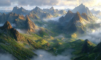 Majestic mountain range shrouded in mist, sunlight illuminating peaks and valleys. Lush green slopes contrast with rocky formations. Serene landscape