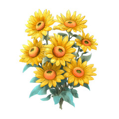  cartoon-style illustration, adorable bouquet of sunflowers with playful animated look, vibrant pastel colors, soft shading, no text, isolated on pure white background