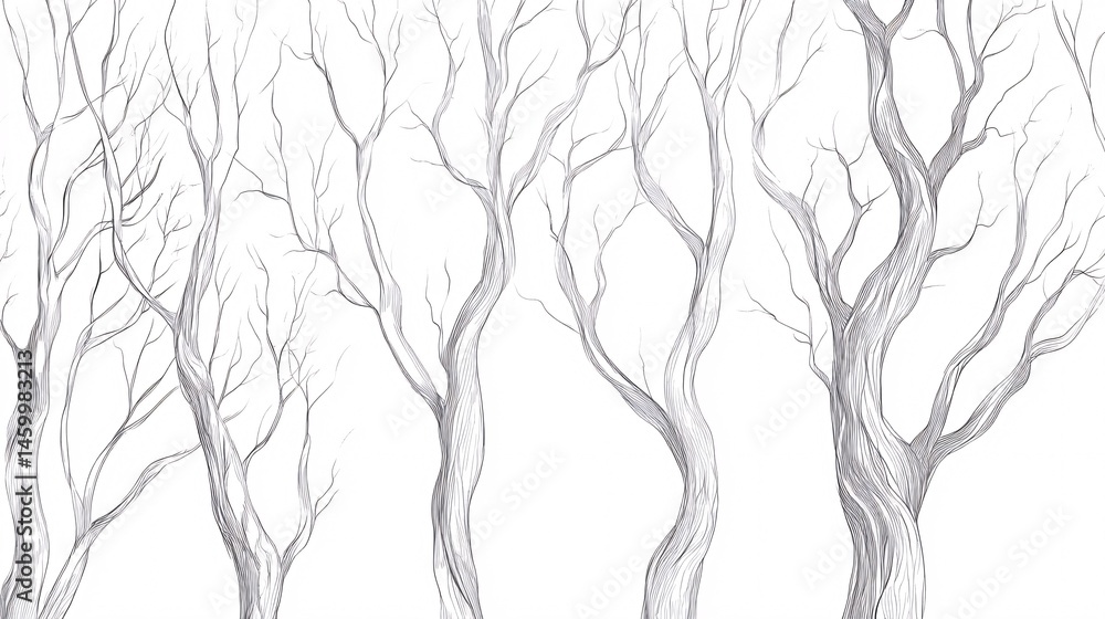Poster silhouette line drawing set of elegant tree trunks and branches