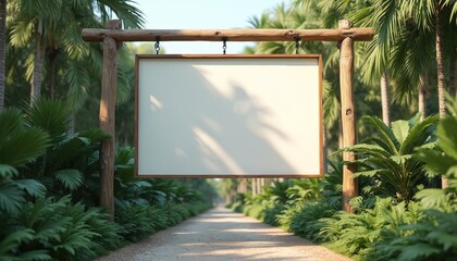 Minimalist zoo entrance billboard clean white design. Wooden frame signboard empty space for advertisement. Natural background with green tropical plants palm trees. Pathway leads to attraction,