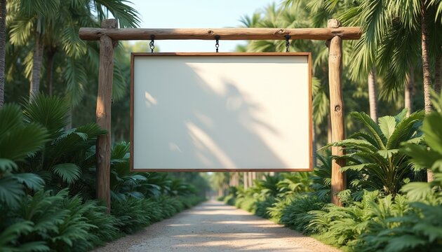 Minimalist zoo entrance billboard clean white design. Wooden frame signboard empty space for advertisement. Natural background with green tropical plants palm trees. Pathway leads to attraction,