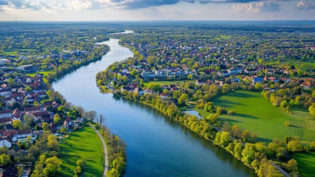 Exploring the scenic river landscape of Cham, Bavaria with lush greenery and charming neighborhoods, Aerial view of the city Cham in Germany, Bavaria on a sunny day in Spring