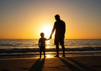 Silhouette of father and son holding hands on the beach at sunset time light