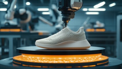 Futuristic automated shoe production line.  Robotic arm precisely places components onto a 3D printed shoe