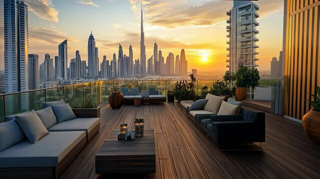 Luxury outdoor living with Dubai skyline views at sunset, offering a serene and stylish urban retreat