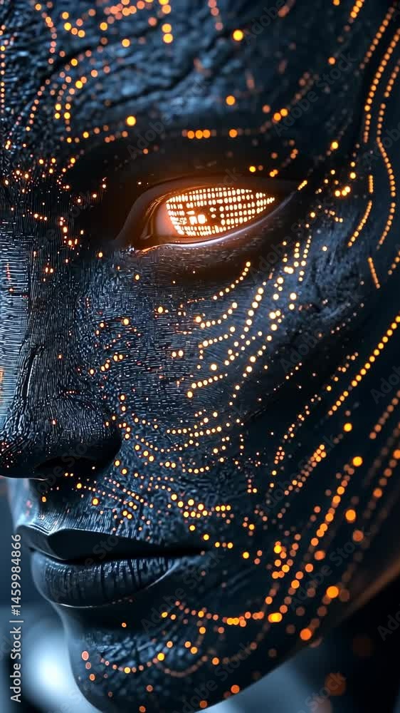 Poster close up view of humanoid ai face showcasing intricate details and glowing elements