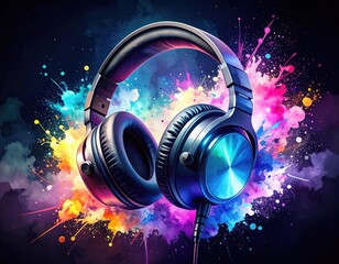 Headphones stand out amidst a chaotic swirl of vibrant colors, embodying energy and creativity.