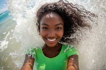 Obraz premium Happy stress-free holiday getaway concept art. Stunning and hot happy black young woman in green tight t-shirt enjoying turquoise sea, splashes around her. Bright Ñommercial style.