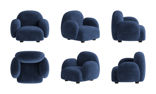 Set of six views of a modern armchair with rounded seat, armrests, and backrest, with dark blue upholstery isolated on a translucent background. Front view, top, two sides, two perspectives. 3d render
