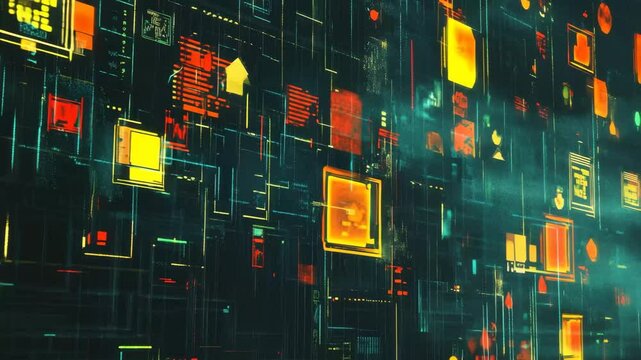 Digital icons and data processing create a vibrant display over a grid background, digital icons and digital data processing over grid - Powered by Adobe