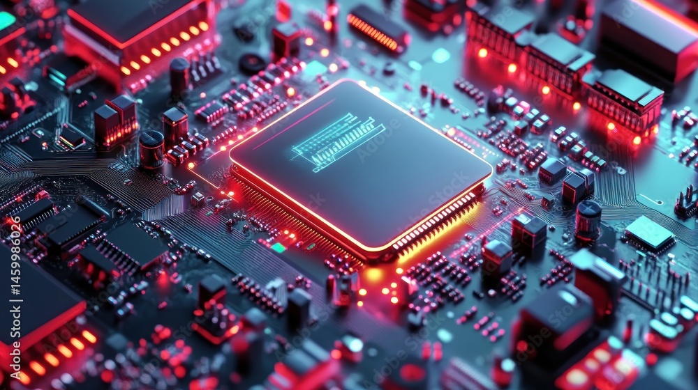 Poster illuminated circuit board with central processor technology background