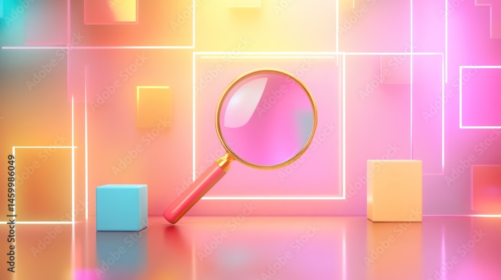 Poster magnifying glass in neon geometric setting abstract 3 d render