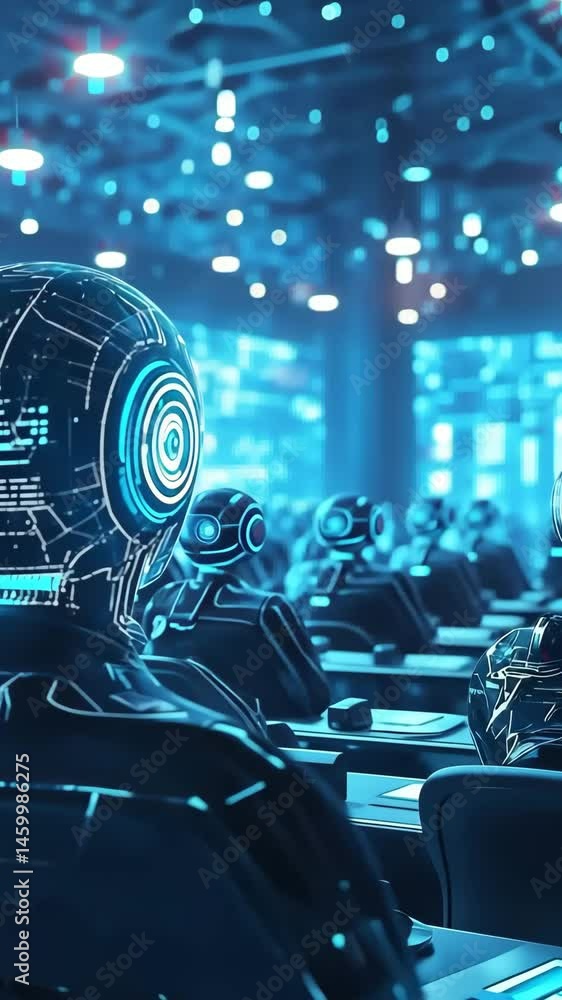 Poster innovative classroom settings with advanced ai instructors guiding students in a technology driven l
