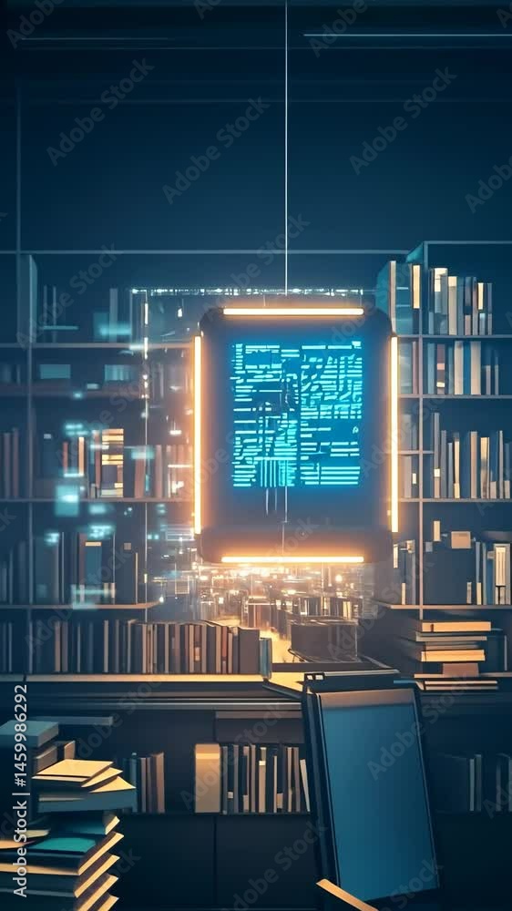 Poster explore a futuristic library showcasing holographic books and innovative learning technologies in a 