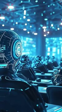 Innovative classroom settings with advanced AI instructors guiding students in a technology driven learning environment