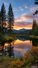 Fototapeta premium Sunset Reflection over Mountain Lake with Tall Pines and Autumn Foliage