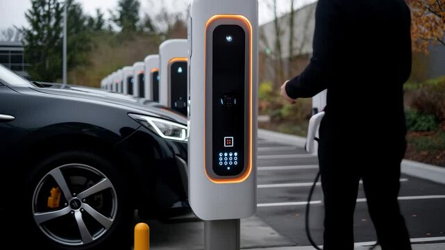 Group of newly installed electric vehicle charging stations in a modern parking lot setting, A camera view in front of a group of newly installed high-speed electric vehicle chargers