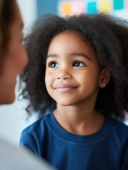 Close-up portrait of a young girl with curly hair. she is wearing a blue t-shirt and is looking up at the camera with a curious expression on her face.