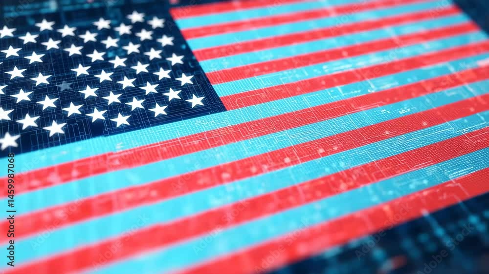 Poster data processing visualization integrating technology and american flag elements for a modern perspec