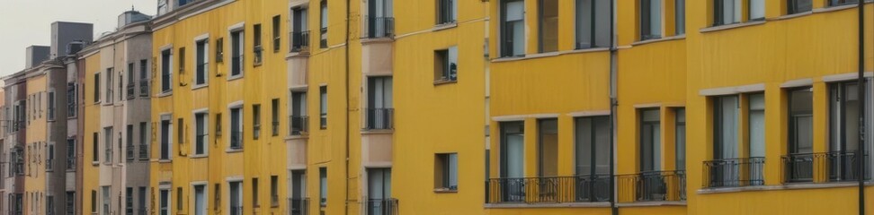 A yellow apartment building stands out among a row of similar structures , city photography, yellow