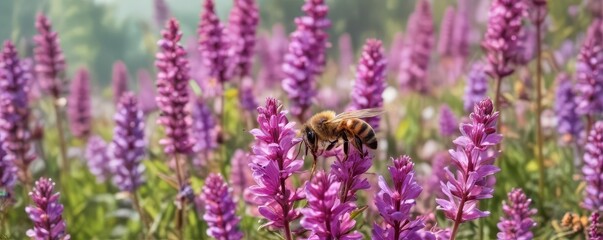 Busy bee collecting nectar from vibrant spring flowers , blossom, closeup, details